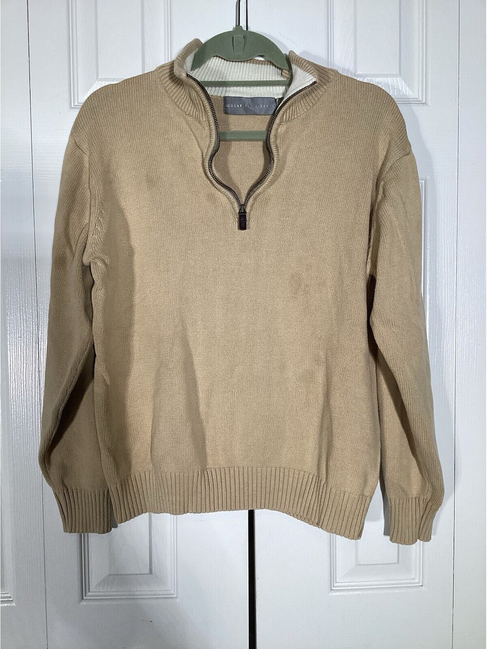 Oscar de la Renta men's half-zip knit sweater Size L Tan 100% Cotton